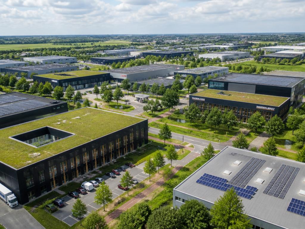 Groen en modern bedrijventerrein vanuit de lucht